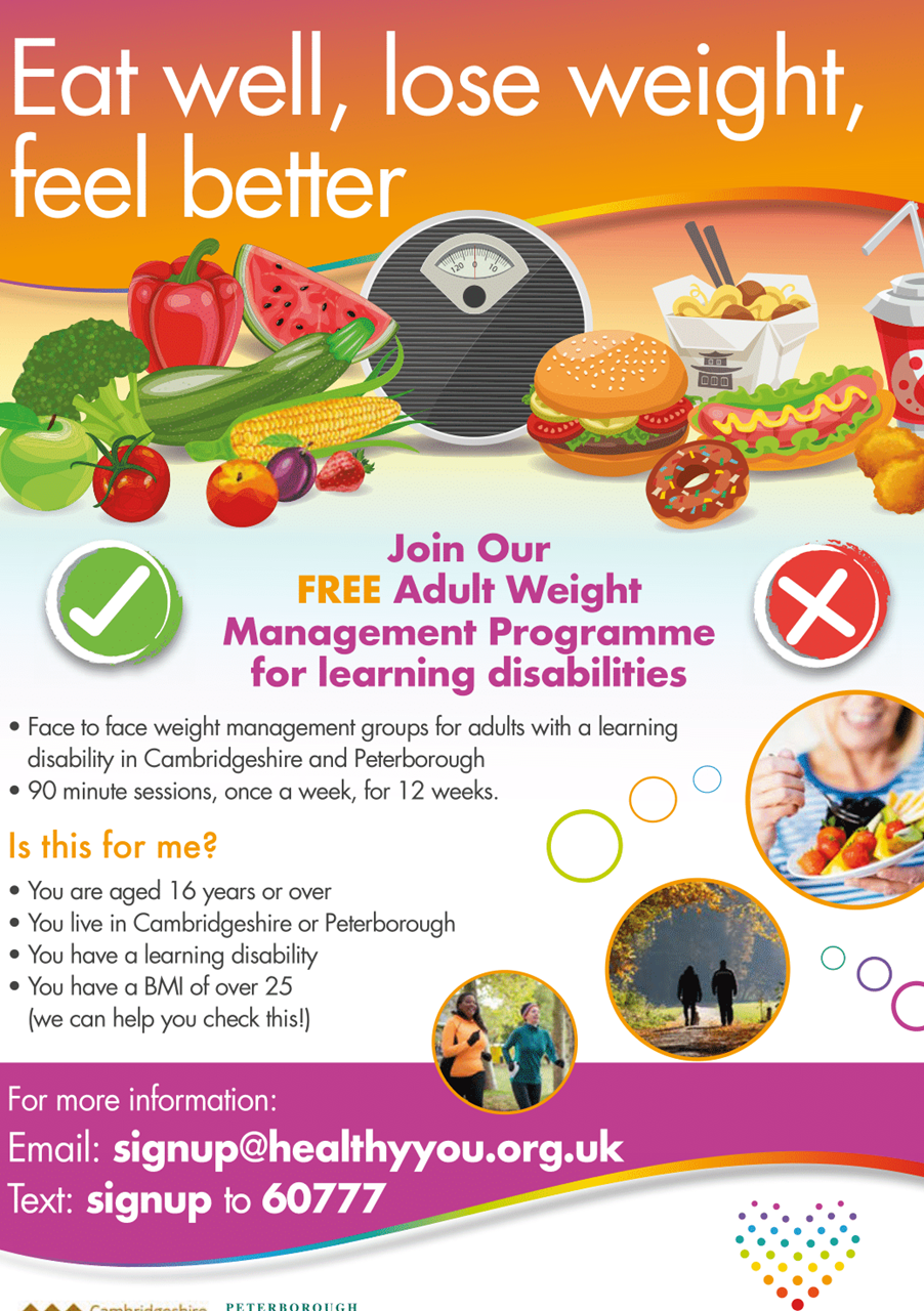 Eat well, Lose Weight, Feel Better  poster promoting weight management programme for patients with Learning disabilities